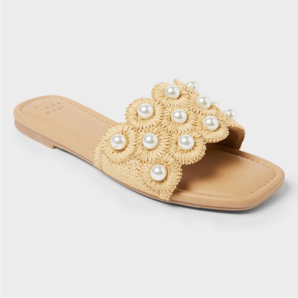 Women's Delaney Ornament Slide Sandals with Memory Foam Insole - A New Day Tan 6